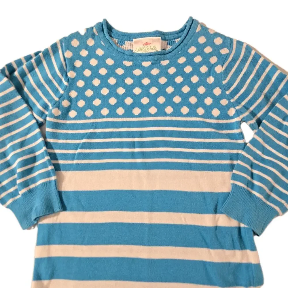 LOLLY WOLLY‎ DOODLE Tiered Ruffle Dress Vtg Blue White Cotton Knit Girls 4/5